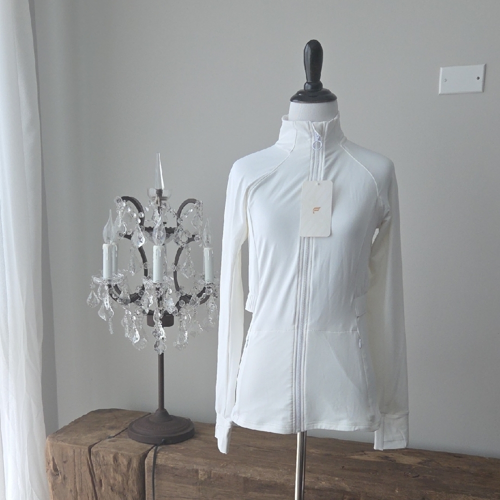 Fabletics White High Collar Athletic Jacket with Tailored Fit